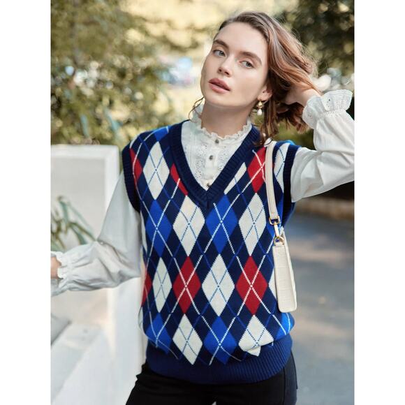 Simply Retro Argyle Knit Sweater Vest Blue Red White Medium - Picture 1 of 8